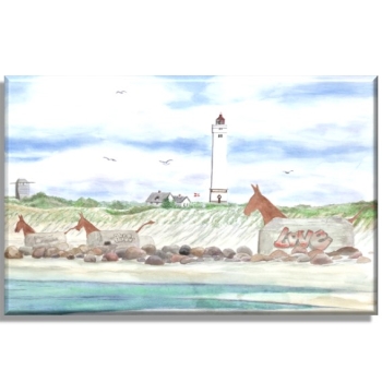 Leinwand 40 x 30 cm Keilrahmen Canvas-Leinen Aquarell Maritim Kunst Druck Kunstdruck Nordsee Dänemark Danmark  Blåvand Blavand Dünen Leuchtturm Maultiere Strand